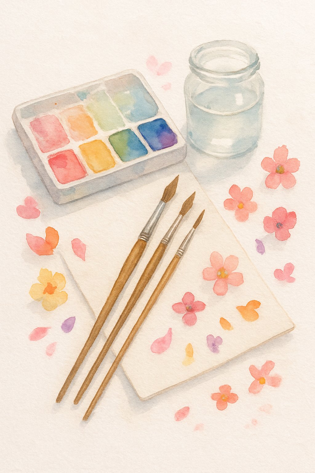 A collection of watercolor painting materials including brushes, a palette with paints, a jar of water, and textured paper surrounded by colorful flower petals on a white surface.