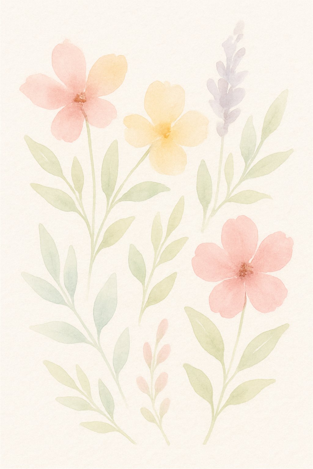 A collection of colorful flowers and leaves arranged gently on a white background.