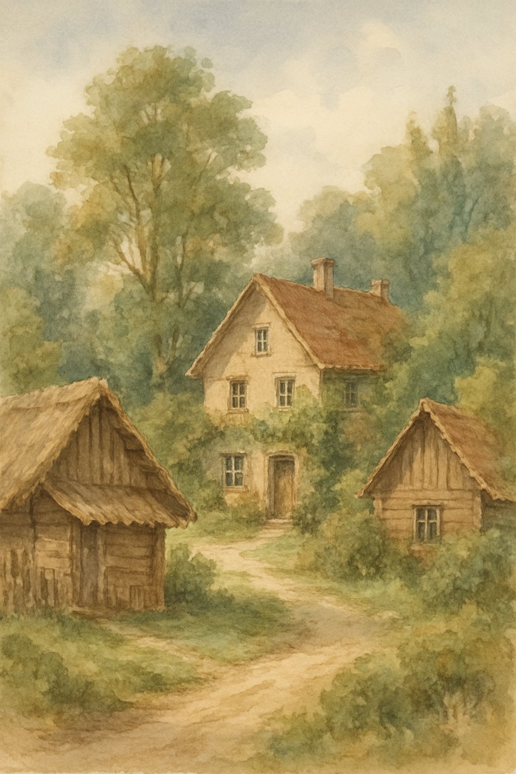 A peaceful village scene with cottages and huts surrounded by trees and greenery.