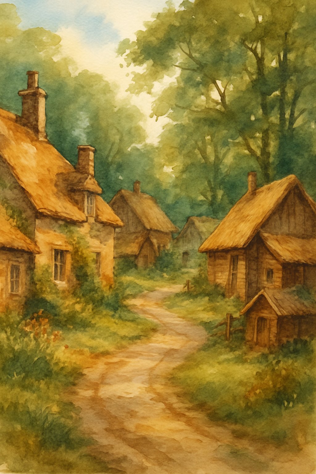A peaceful village street lined with small cottages and trees surrounded by greenery.
