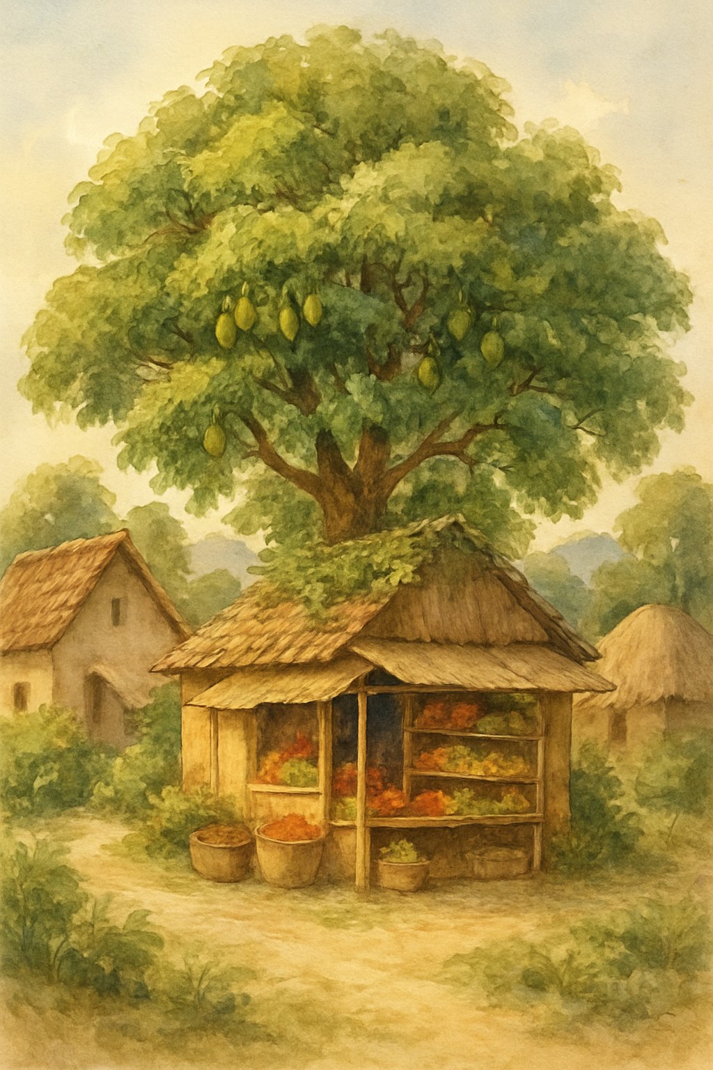 A small village grocery shop under a large mango tree surrounded by cottages, trees, and greenery in a peaceful countryside setting.