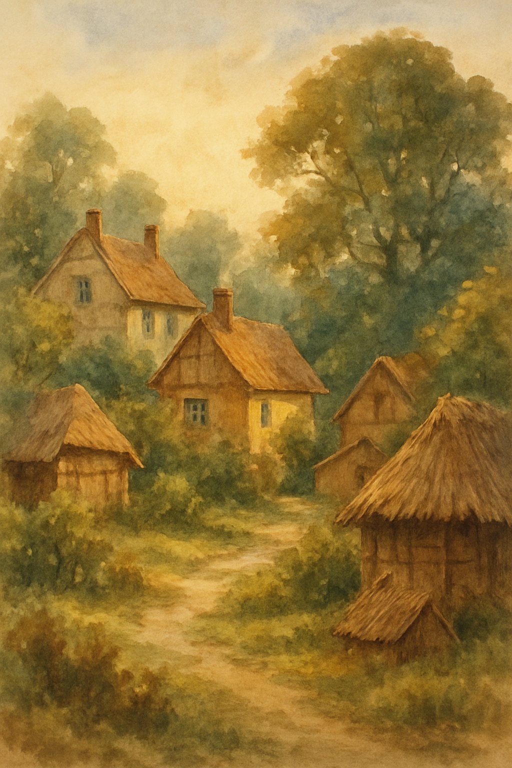 A peaceful village with cottages and huts surrounded by trees and greenery under the soft morning light.