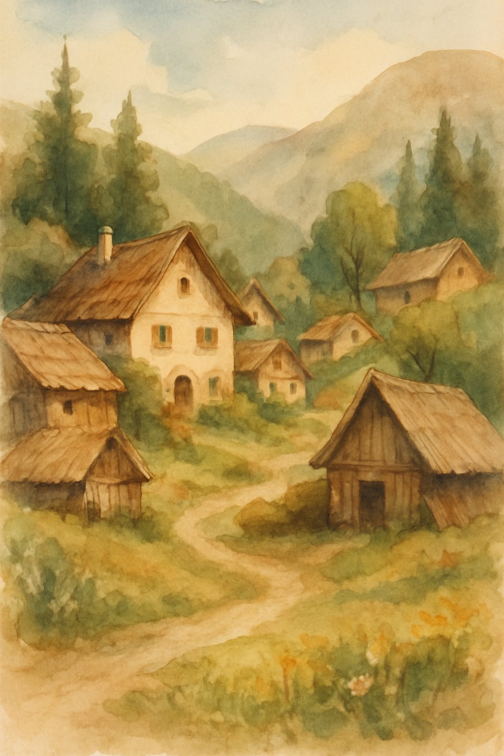 A mountain village with cottages and huts surrounded by trees and greenery.