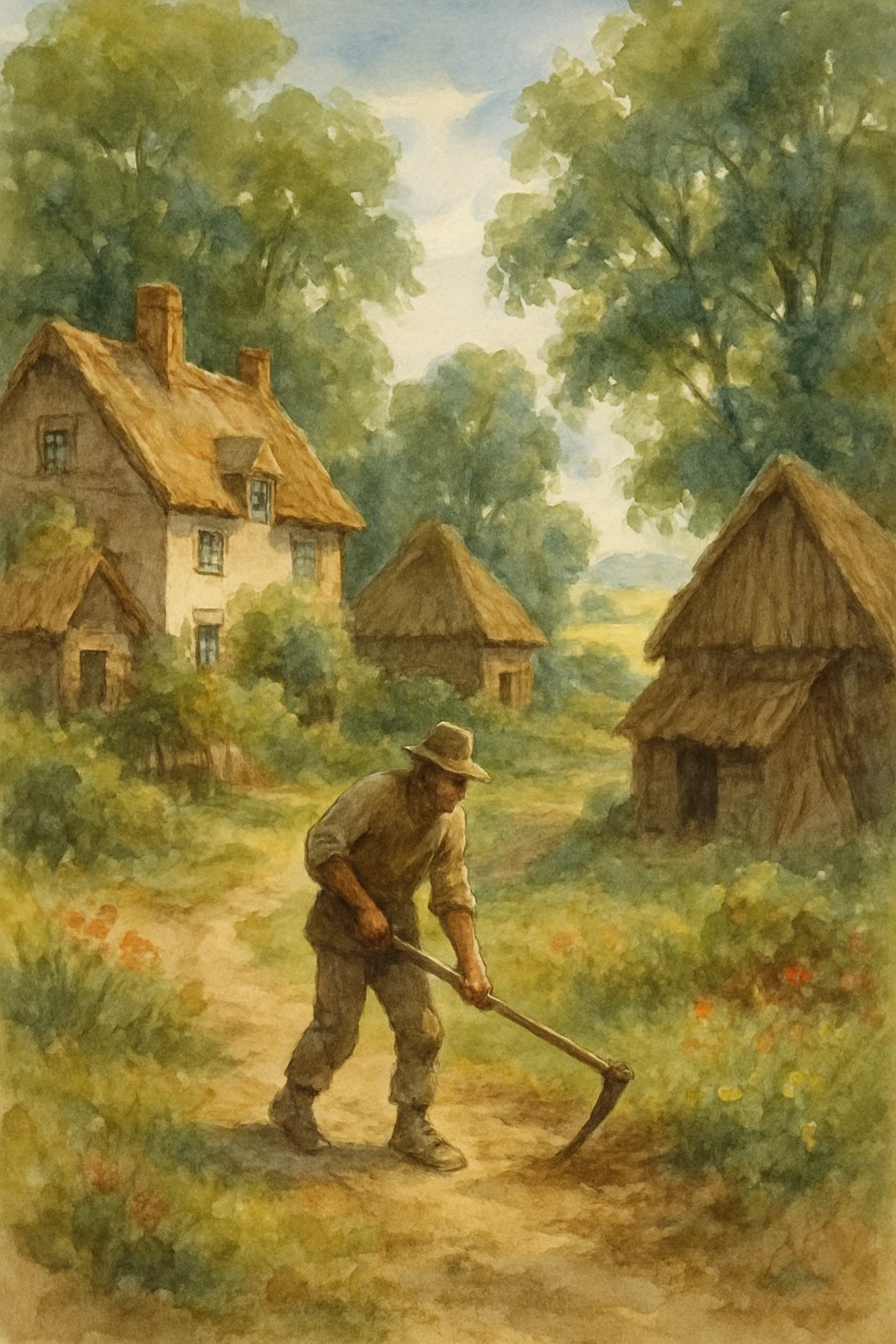 A farmer working in a rural village surrounded by cottages, trees, and greenery.