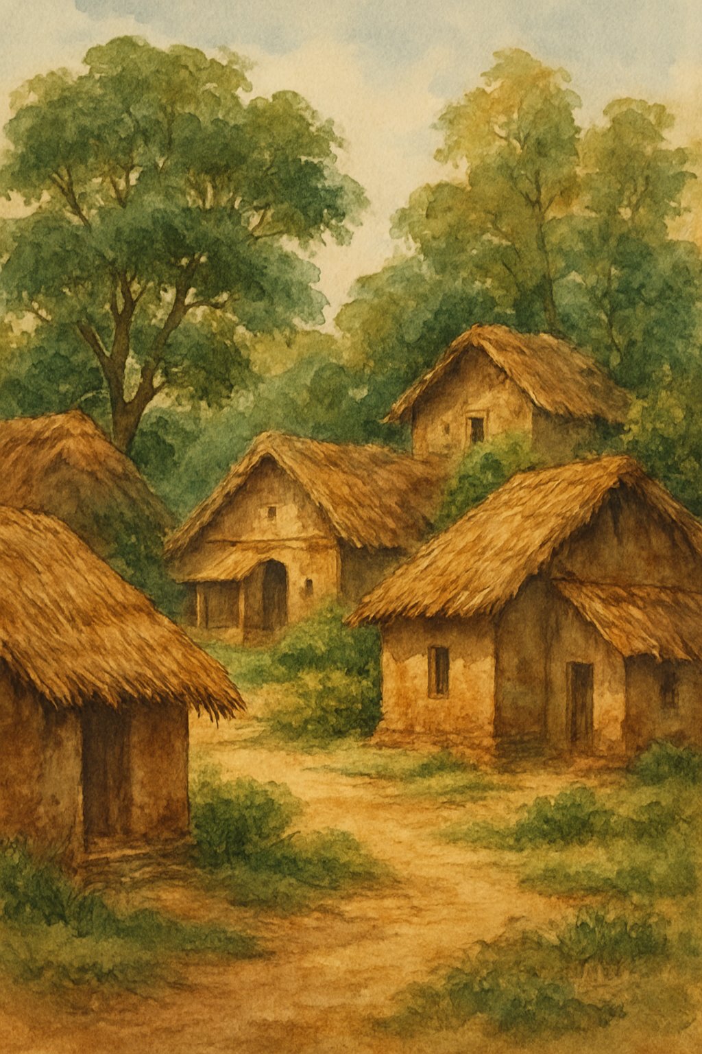 A peaceful Indian village with small cottages surrounded by trees and greenery.