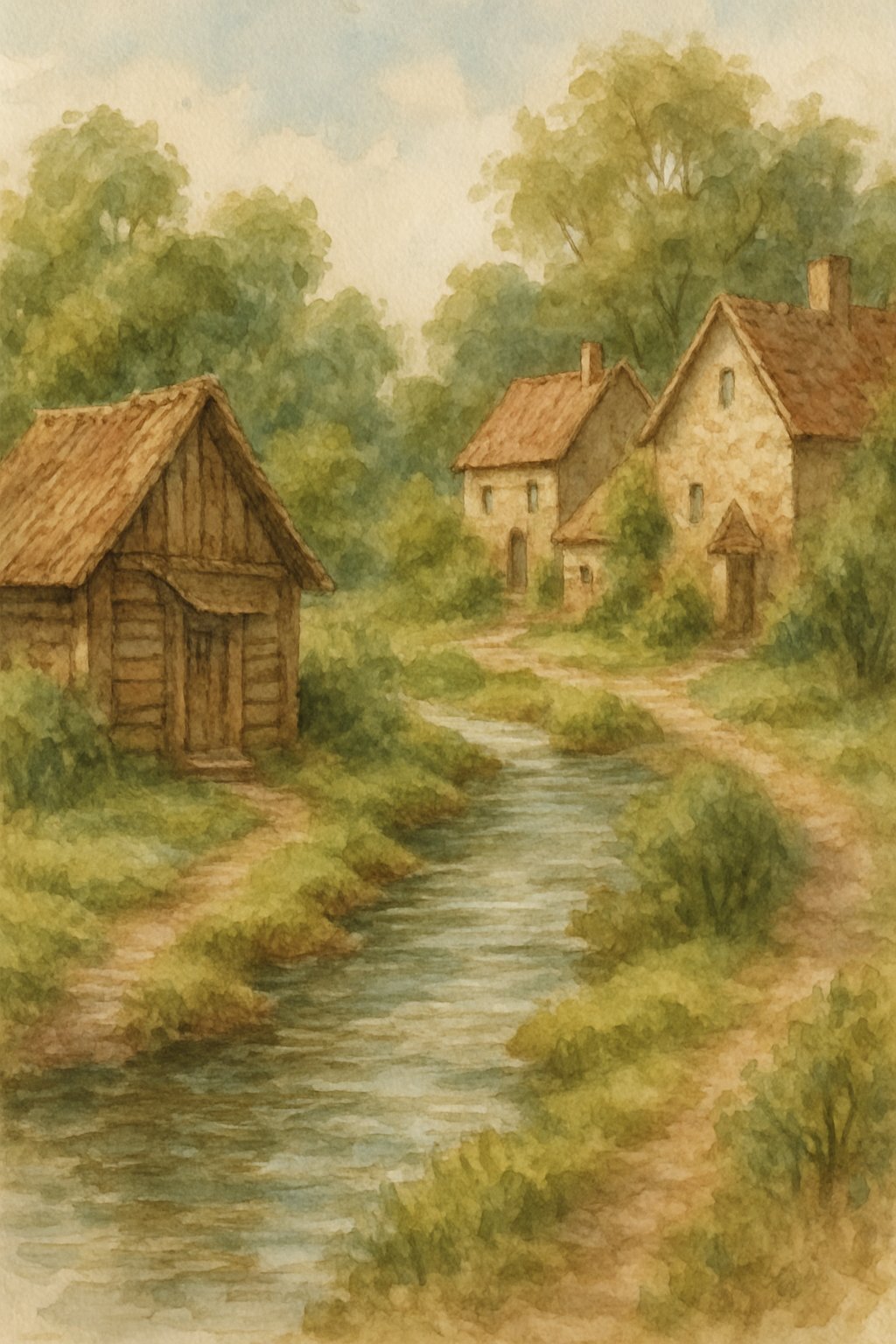 A peaceful village with cottages and huts beside a flowing river surrounded by trees and greenery.