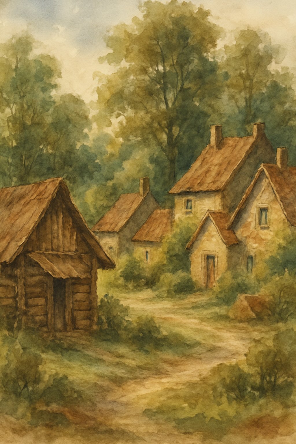 A peaceful village scene with cottages and huts surrounded by trees and greenery.