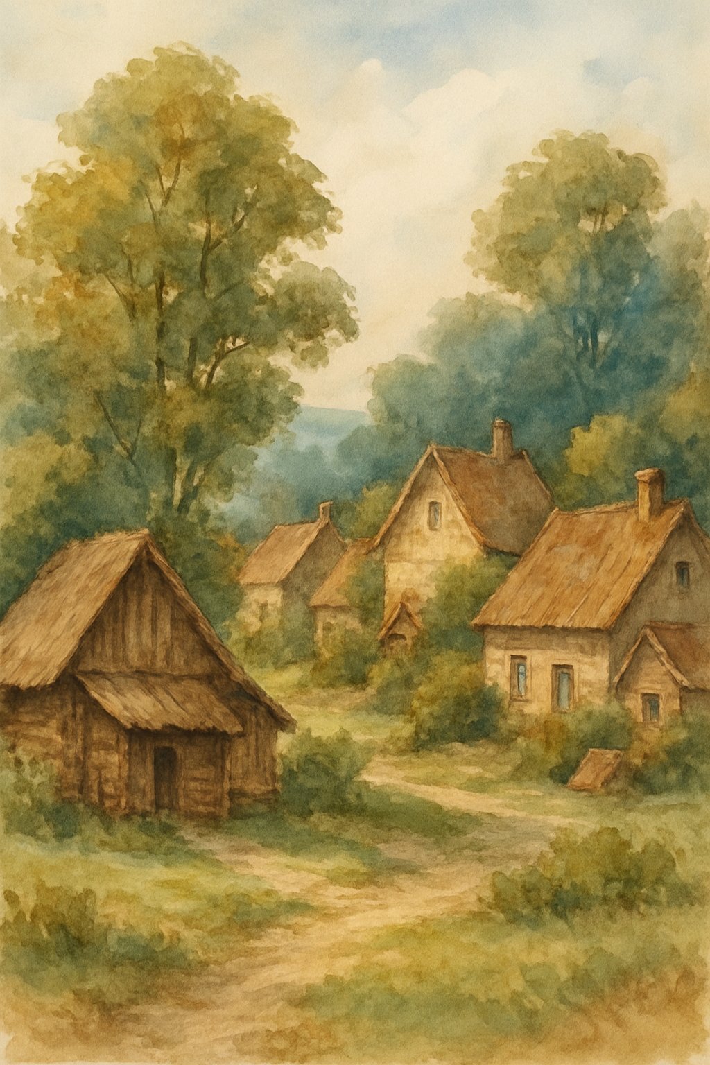A peaceful village with cottages and huts surrounded by trees and greenery in the countryside.
