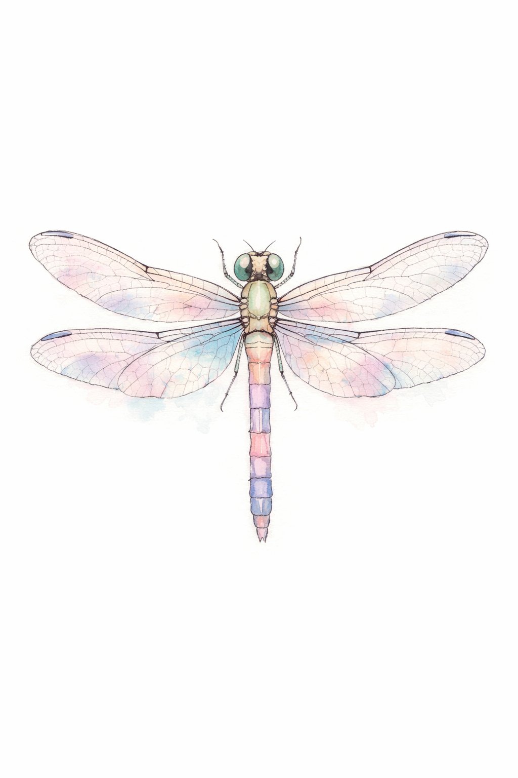 A detailed illustration of a dragonfly with translucent wings on a white background.