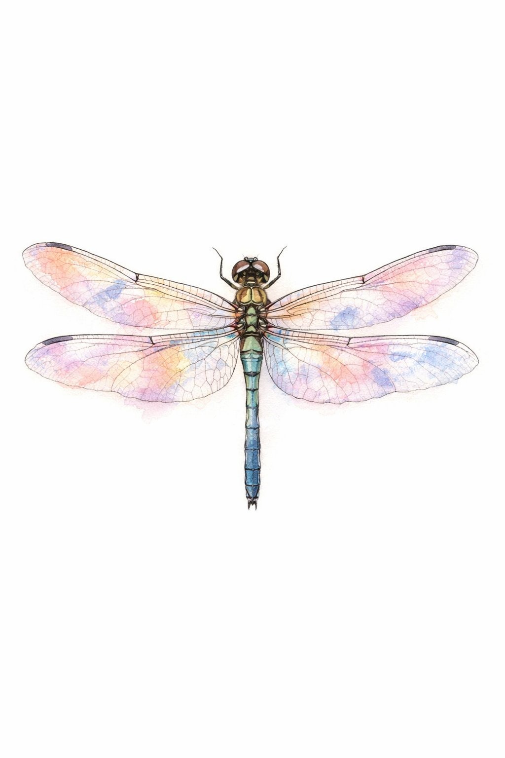 A detailed illustration of a dragonfly with translucent wings resting against a plain white background.
