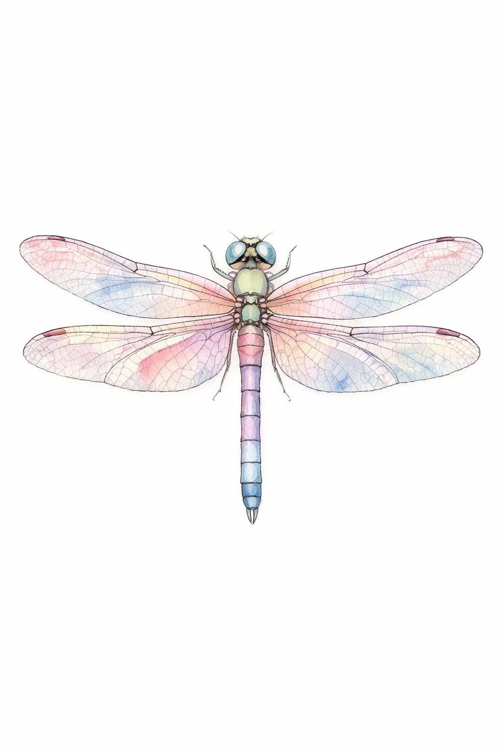 A detailed dragonfly with translucent wings resting against a white background.