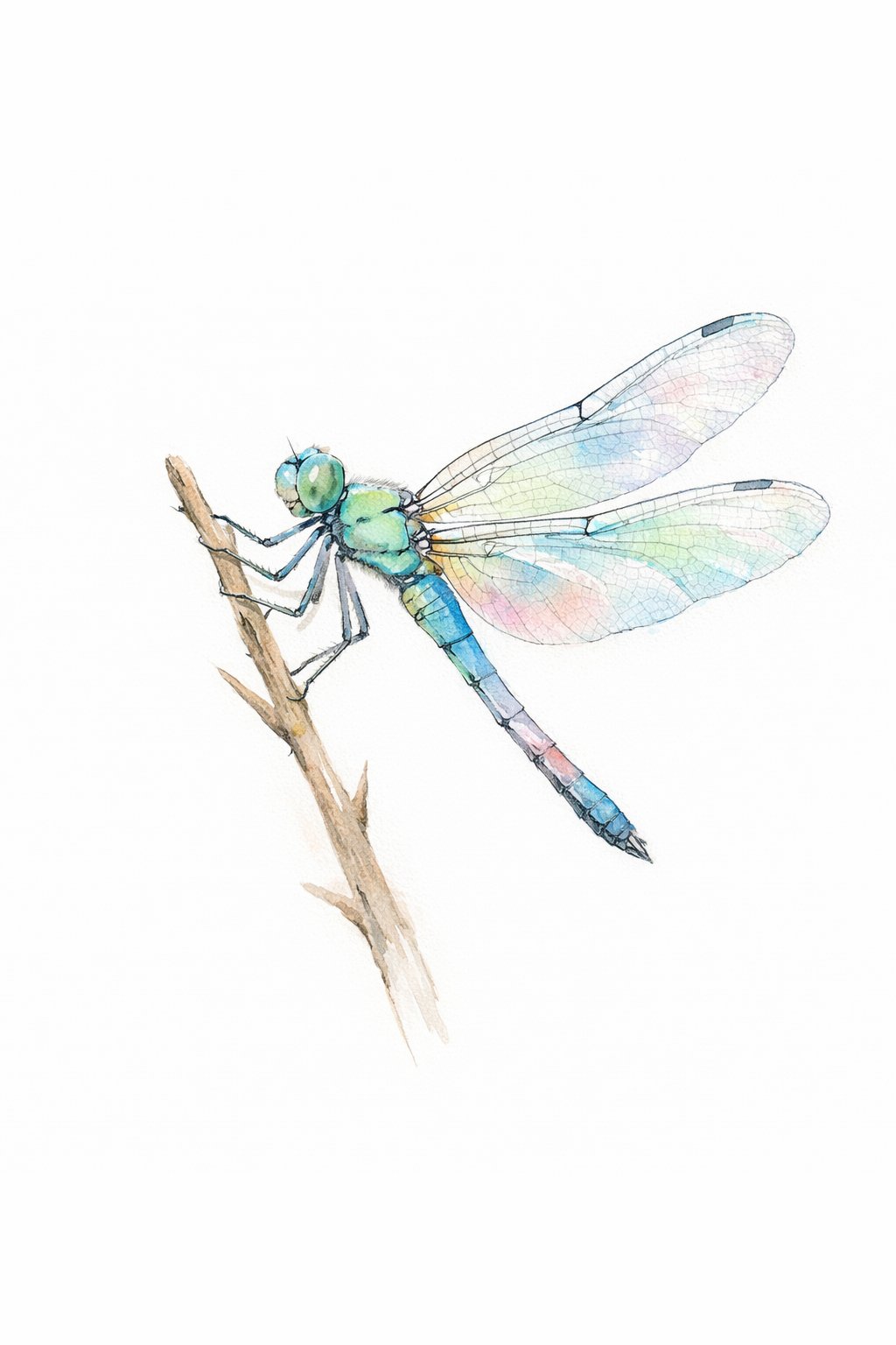 A dragonfly perched on a thin twig with translucent wings and detailed body on a white background.