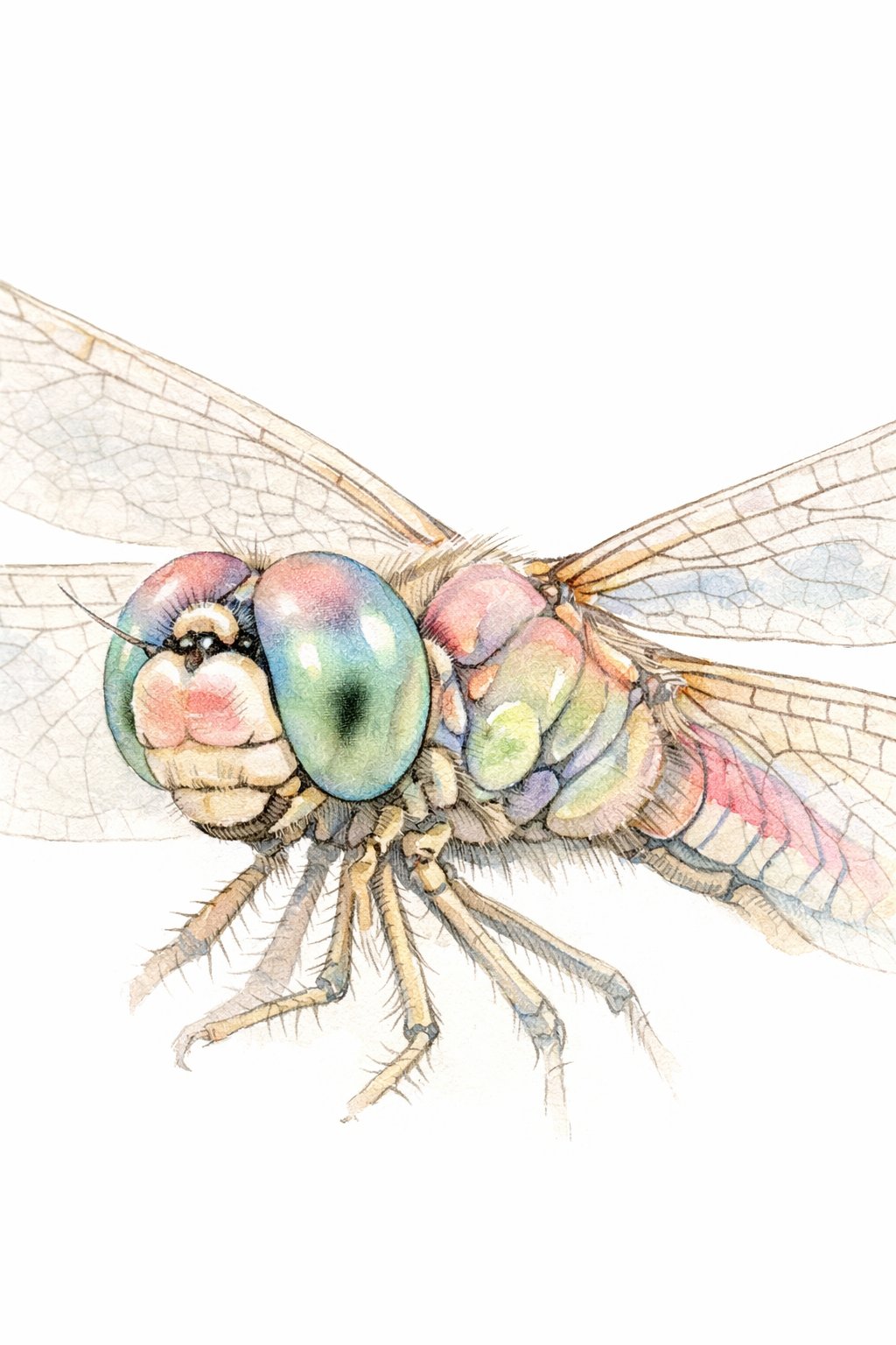 A close-up illustration of a dragonfly showing detailed eyes, body, and translucent wings on a white background.