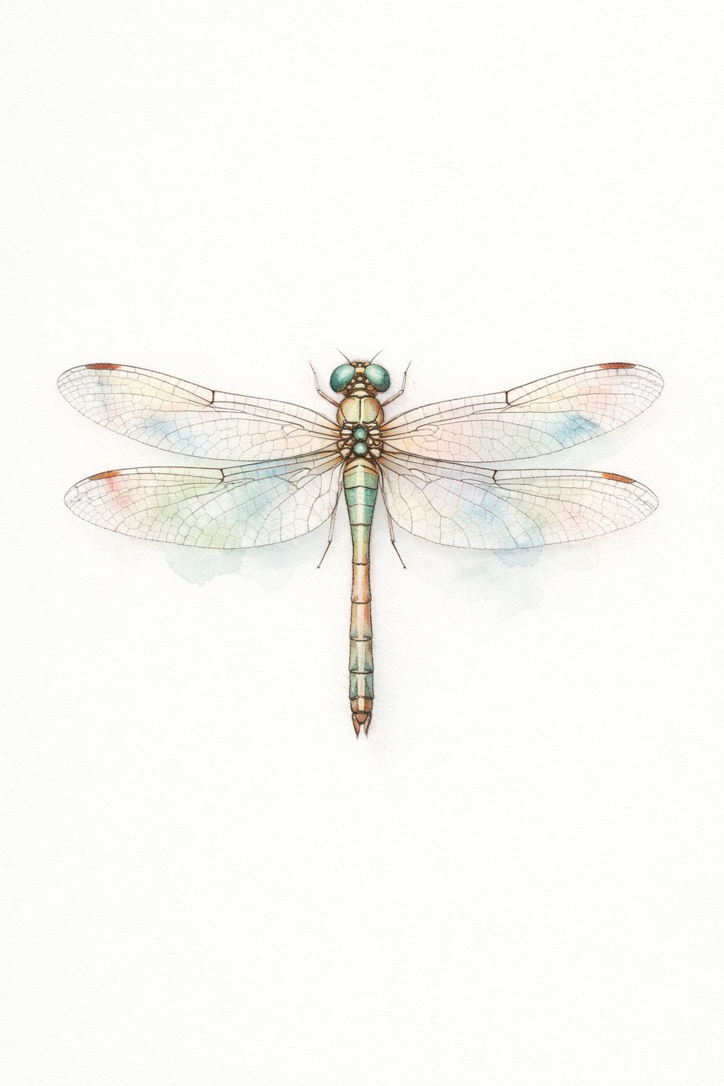 A detailed illustration of a dragonfly with translucent wings resting on a white background.