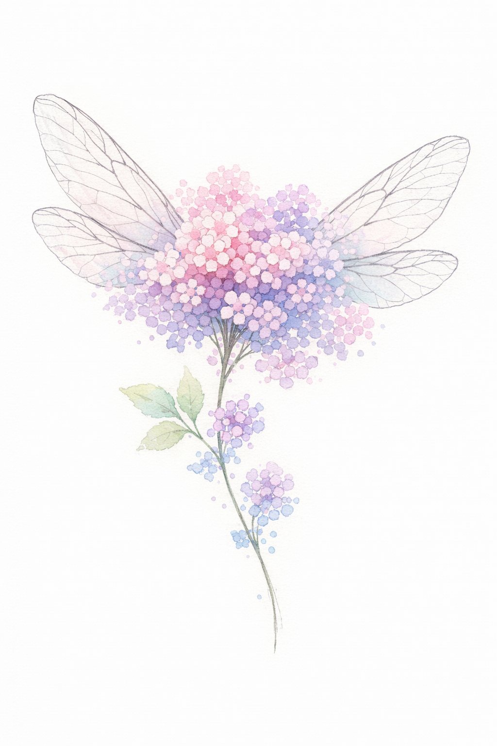 A detailed illustration of a flower with translucent wings made of small dots on a white background.