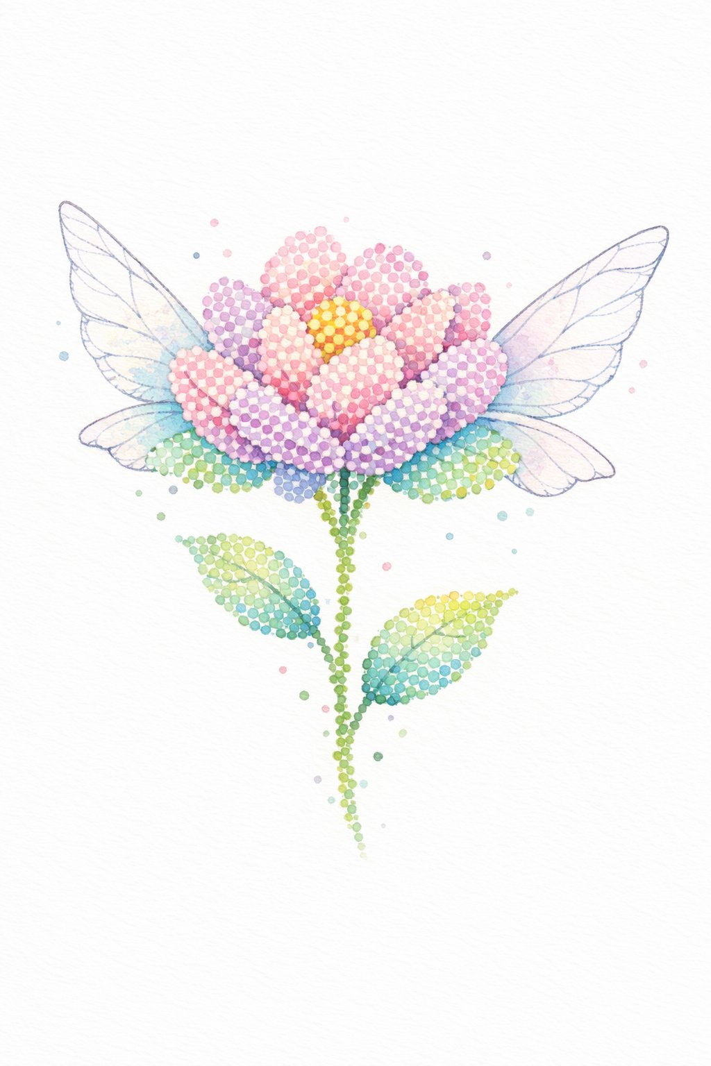 A single flower made of colorful dots with translucent wings on a white background.