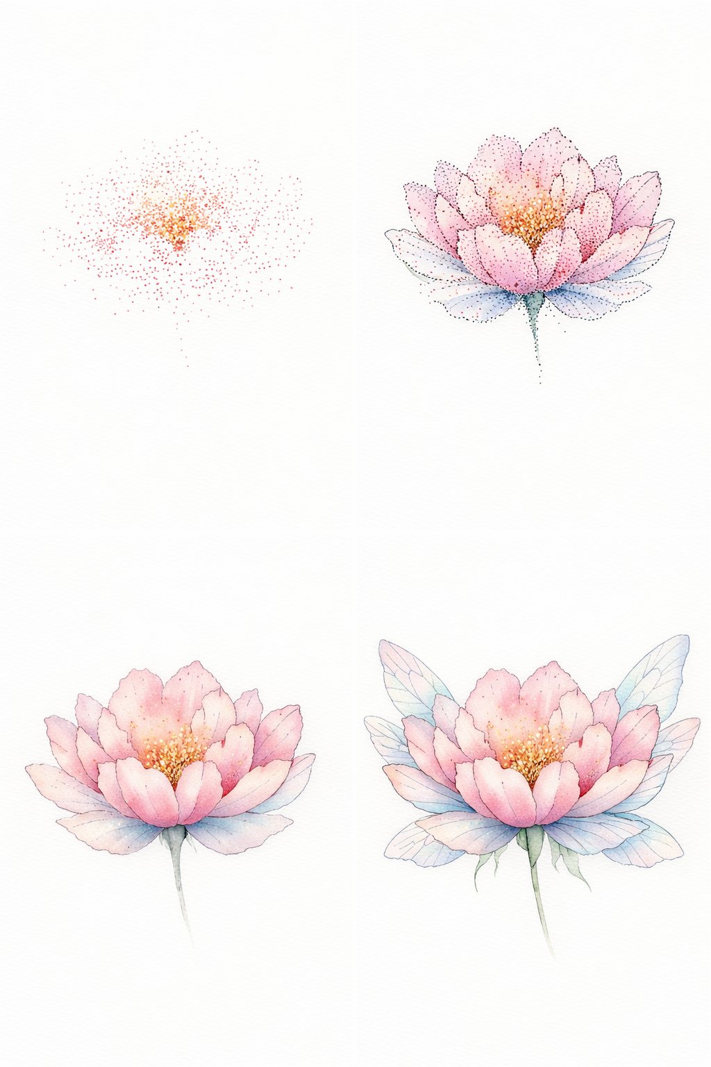 A flower made of tiny dots with translucent wings on a white background.