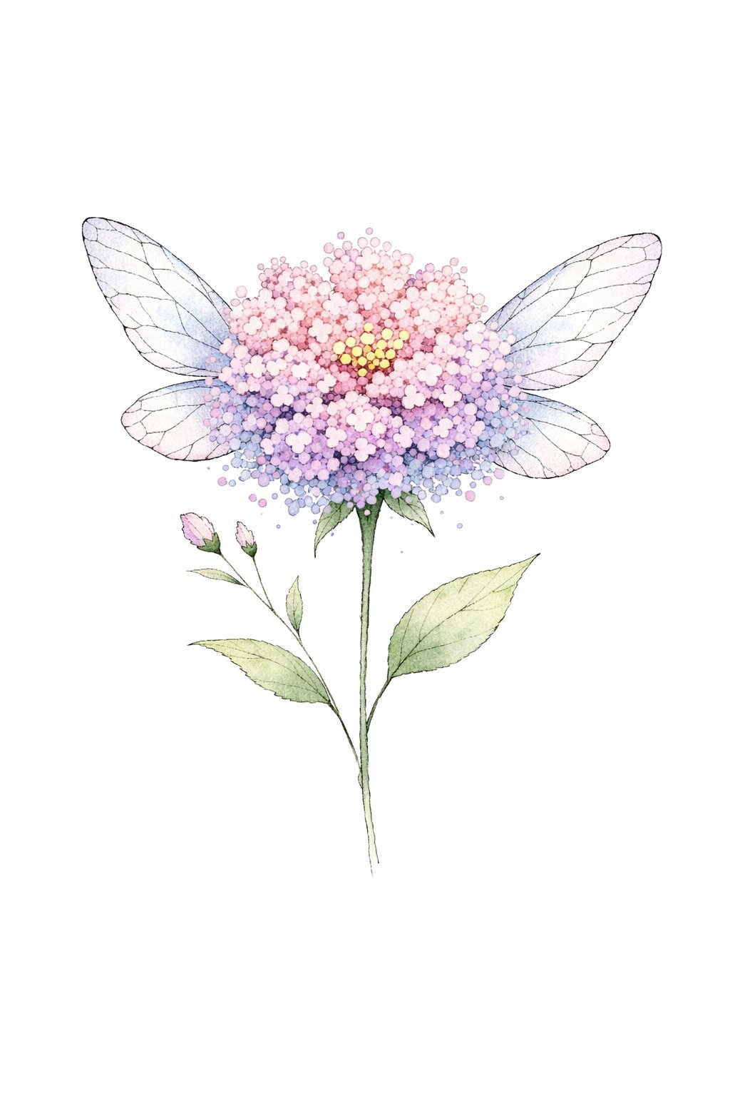 A single blooming flower made of tiny dots with translucent butterfly-like wings on slender stems and leaves against a white background.