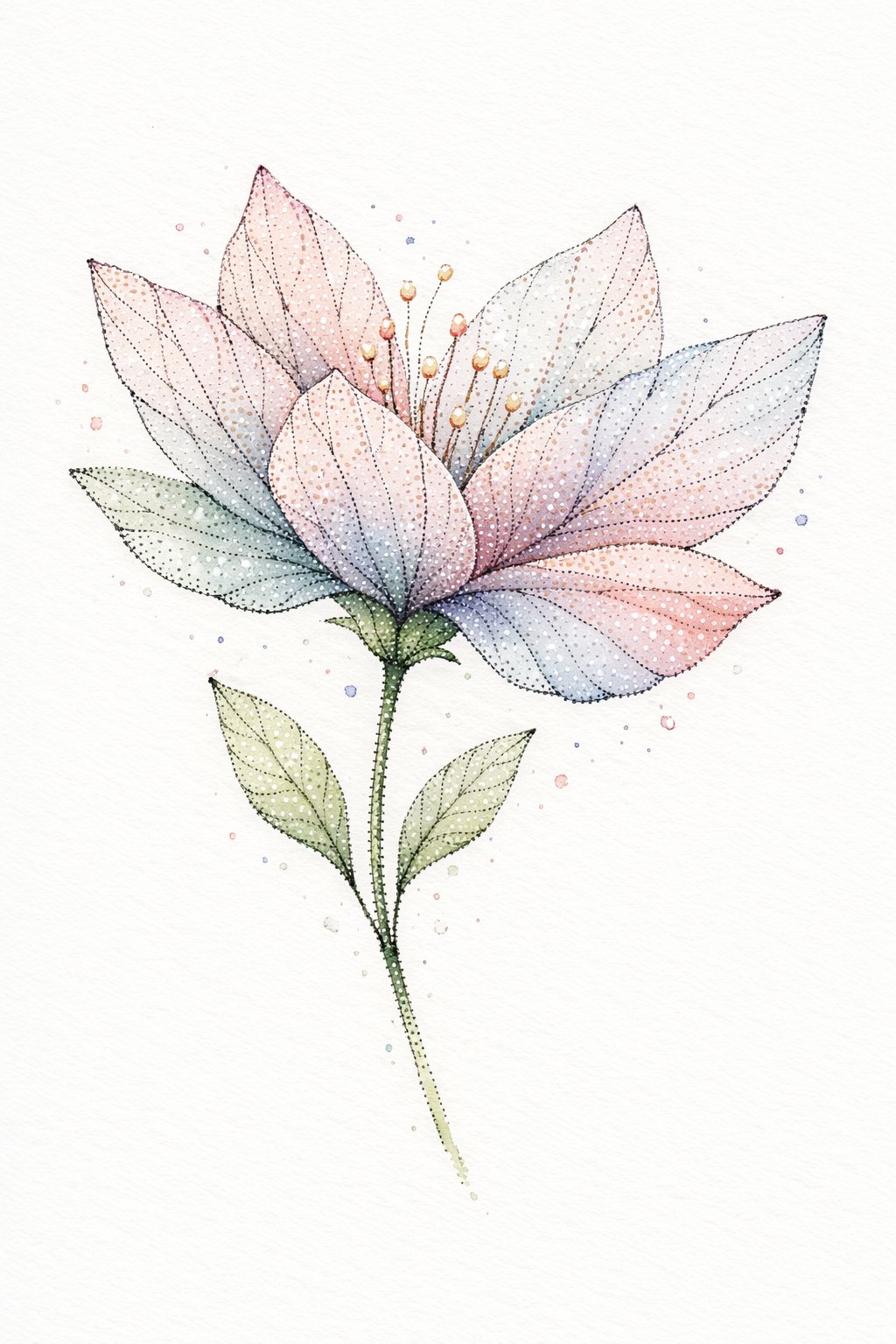 A detailed illustration of a single flower with translucent petals and delicate wings on a white background.