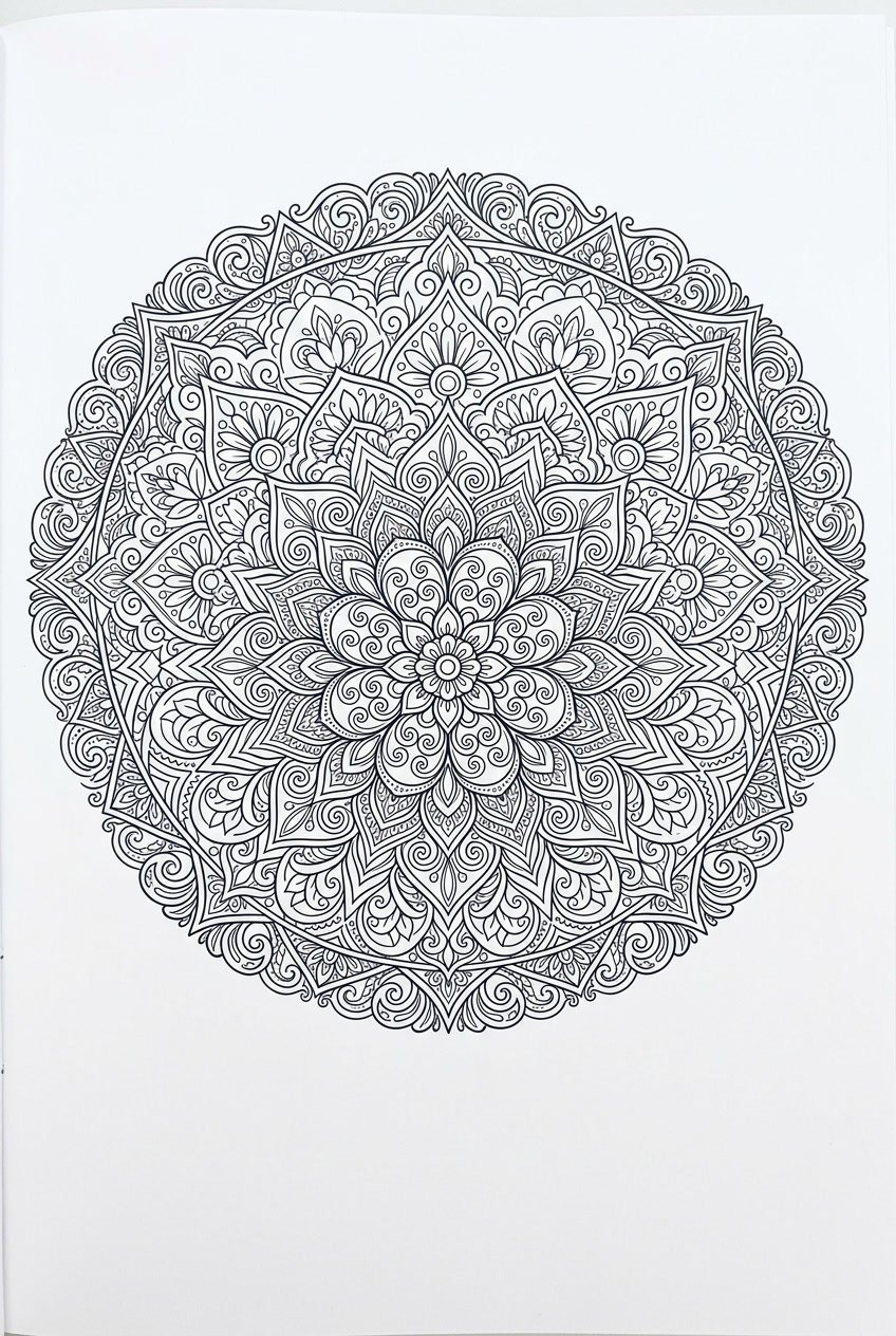 An intricate mandala design with symmetrical geometric patterns radiating from the center on a plain white background.