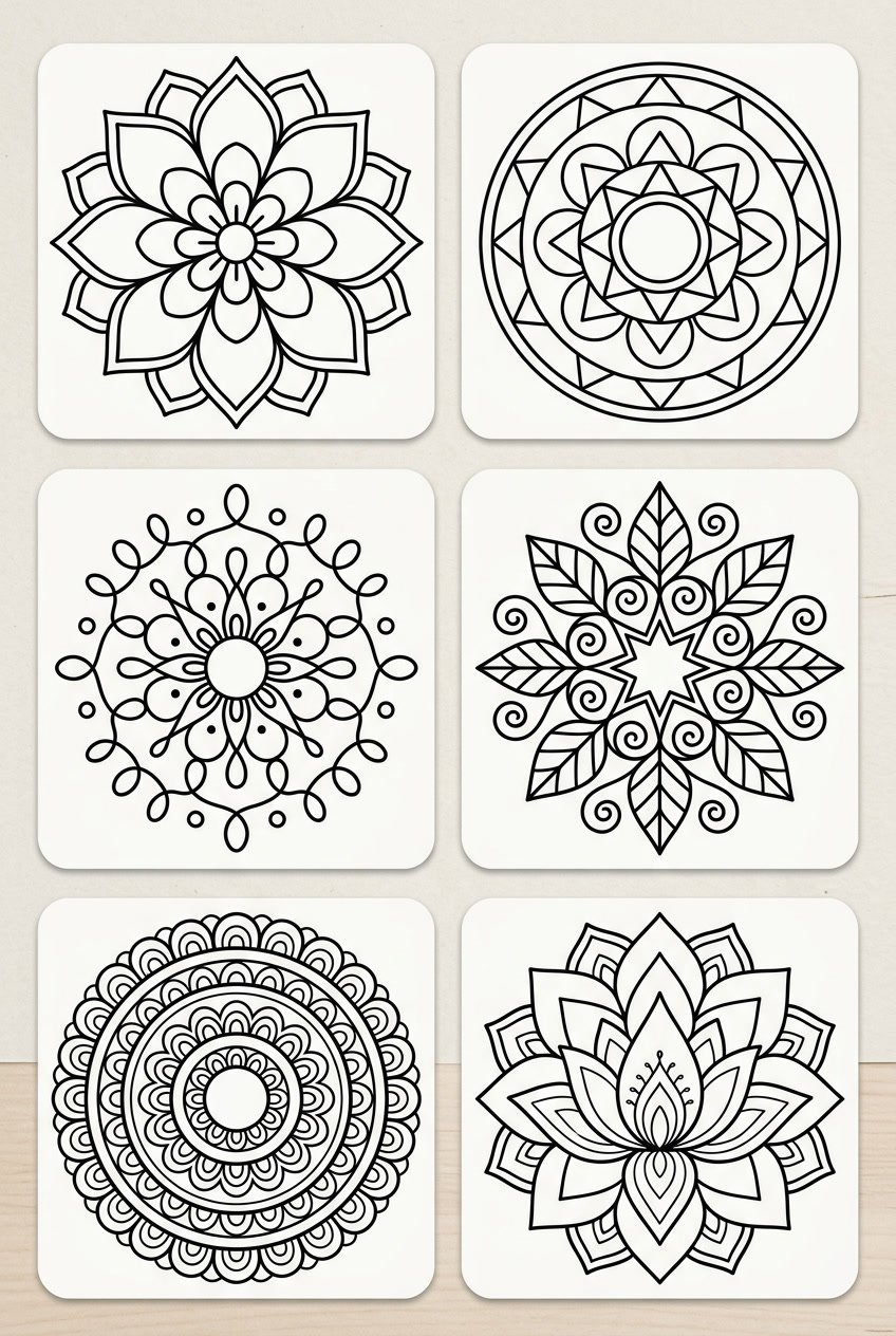 A collection of simple mandala designs with clear outlines arranged on a light background.