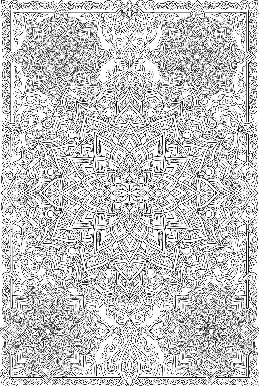 A detailed and symmetrical geometric mandala pattern with multiple layers of intricate shapes and designs radiating from the center.