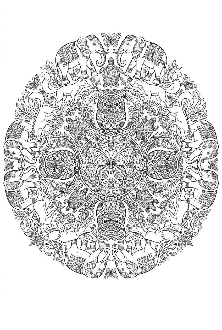 A circular mandala composed of detailed animal shapes including elephants, owls, foxes, turtles, and butterflies arranged in a symmetrical pattern.