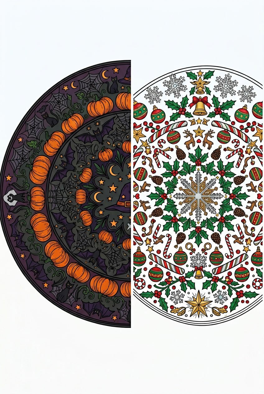 Two detailed mandala patterns side by side, one with Halloween symbols like pumpkins and bats, the other with Christmas symbols like snowflakes and ornaments.