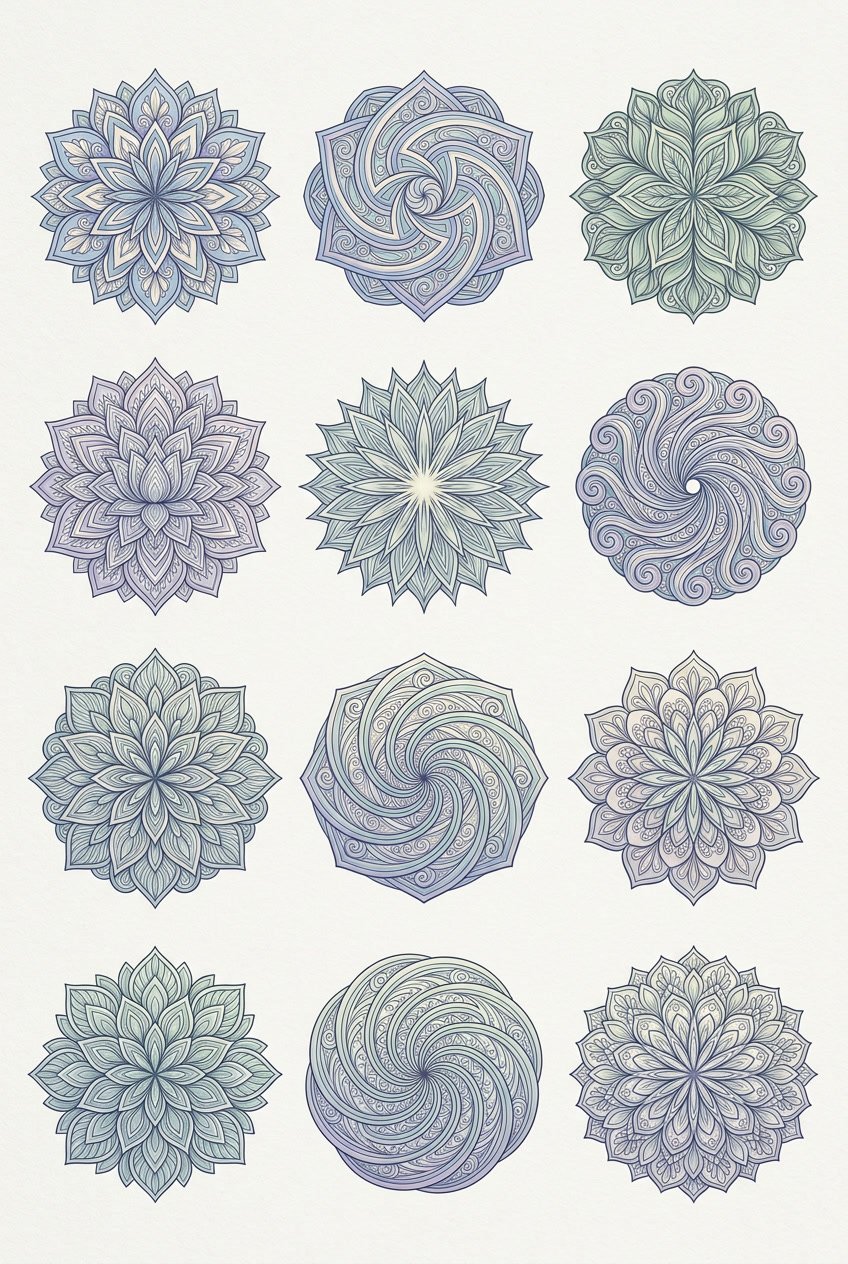 A collection of detailed mandalas with symmetrical patterns in soft pastel colors arranged on a calm background.