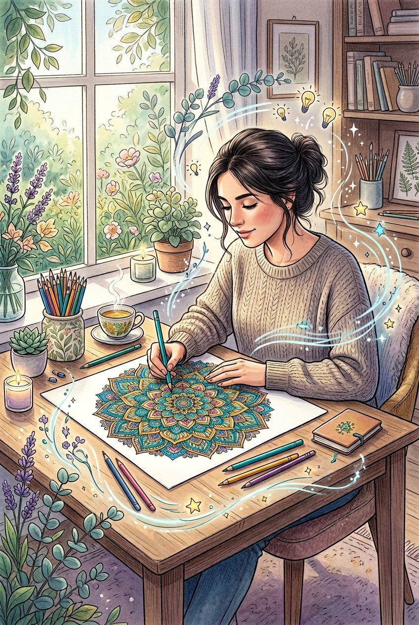 A person coloring a detailed mandala design at a bright workspace surrounded by calming natural elements and symbols of creativity.