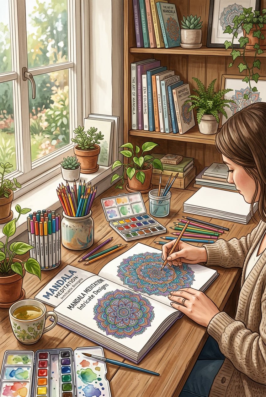 A workspace with an open mandala coloring book, colored pencils, markers, and paints arranged on a wooden table near a window with plants in the background.