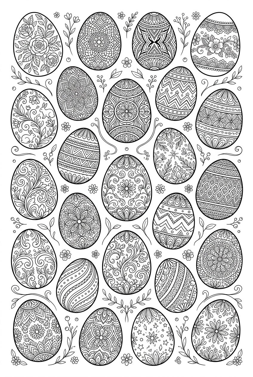 A group of Easter eggs with detailed patterns and decorative elements arranged together on a plain background.