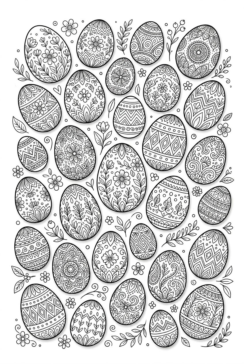 A collection of intricately patterned Easter eggs arranged on a white background with small flowers and leaves around them.