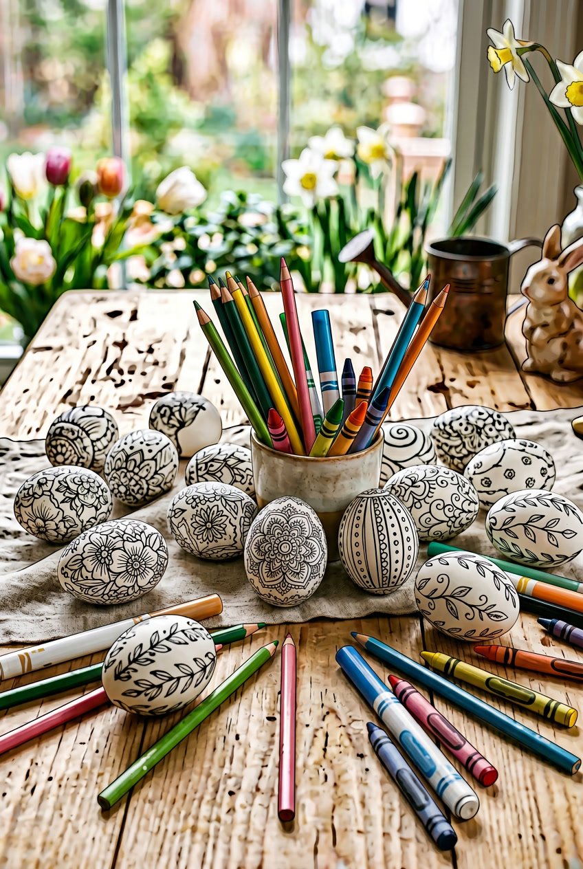 Several decorated Easter eggs with coloring patterns on a table surrounded by coloring supplies and spring flowers.