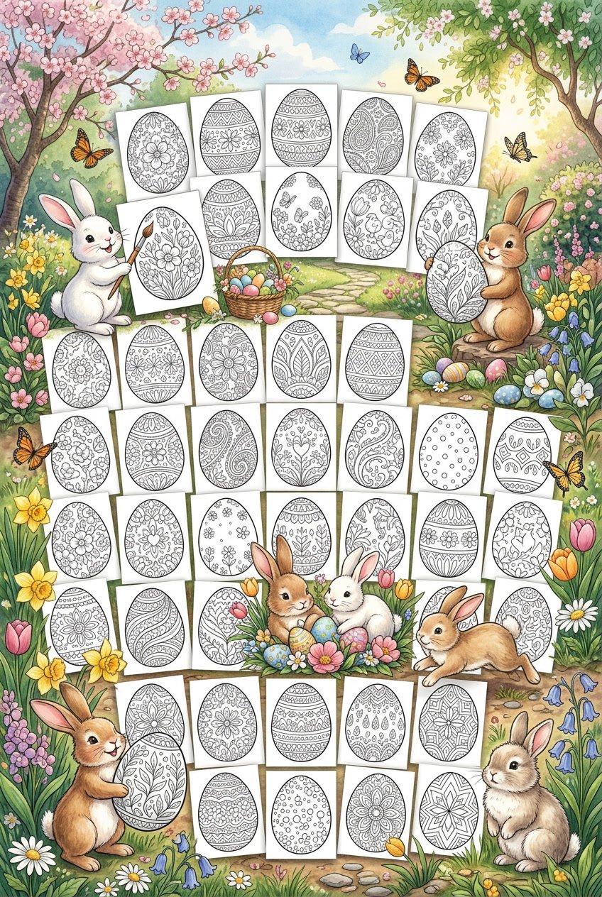 A group of Easter eggs with spring patterns surrounded by bunnies, flowers, and butterflies in a bright outdoor setting.