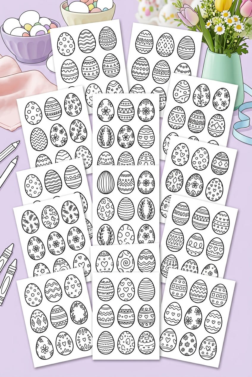 A collection of printable Easter egg sheets featuring various playful patterns arranged neatly on a surface with pastel colors around them.