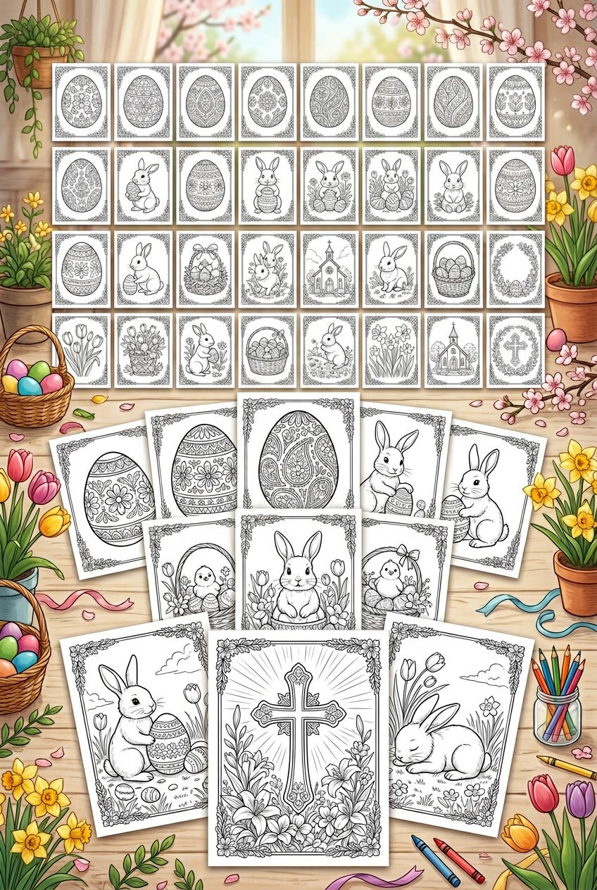 A collection of Easter eggs, bunnies, and religious scenes including a cross with lilies and spring flowers.