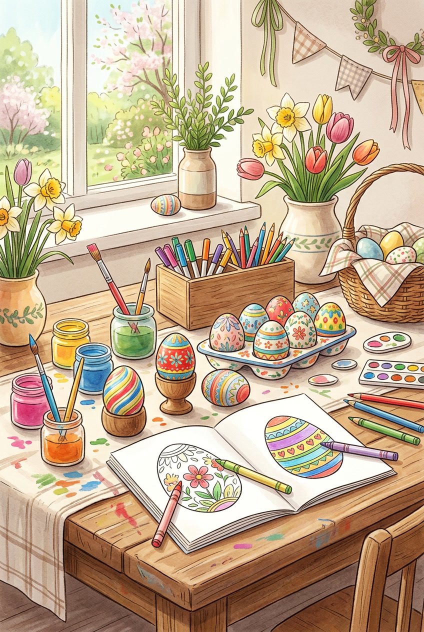 A workspace with Easter eggs, coloring pages, and art supplies arranged for coloring activities.