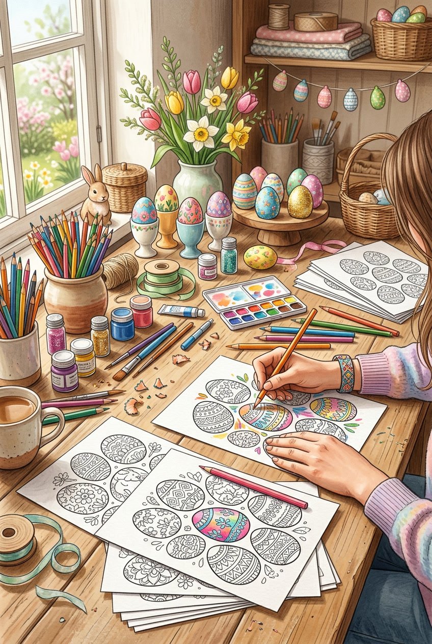 A bright workspace showing colorful printable Easter egg coloring pages, art supplies, and decorated Easter eggs on a table.