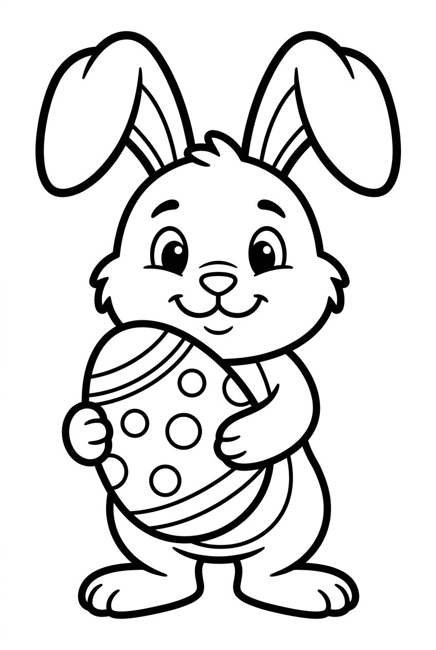 A cartoon Easter Bunny holding a decorated Easter egg.