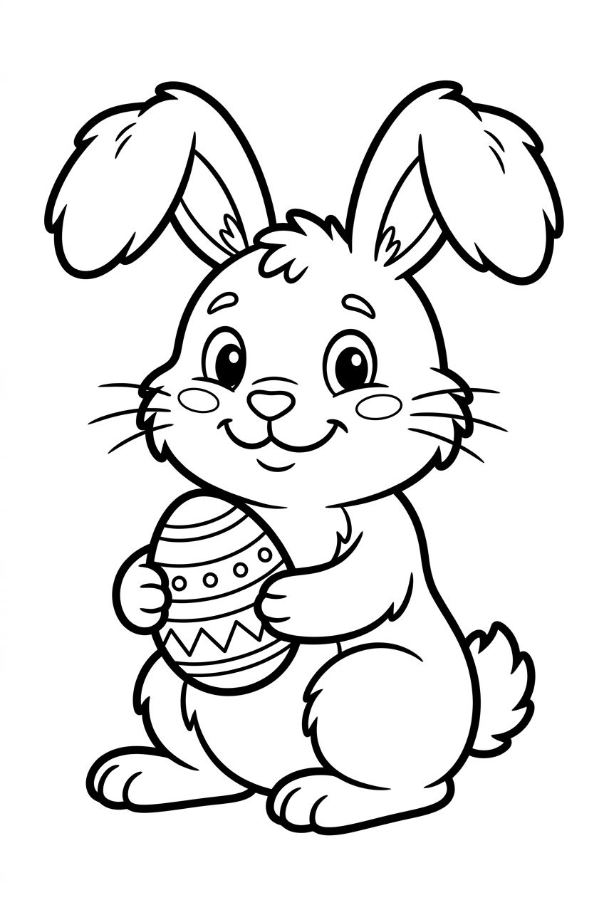 A single Easter bunny sitting and holding a decorated Easter egg.