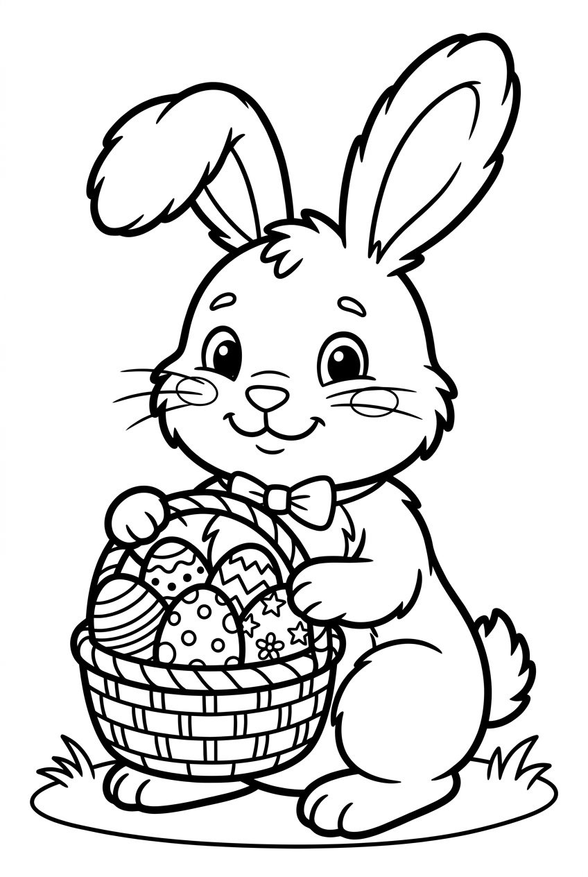 A smiling Easter bunny holding a basket filled with decorated eggs.