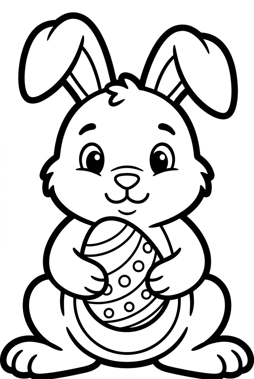 A cute Easter bunny sitting and holding a decorated Easter egg.
