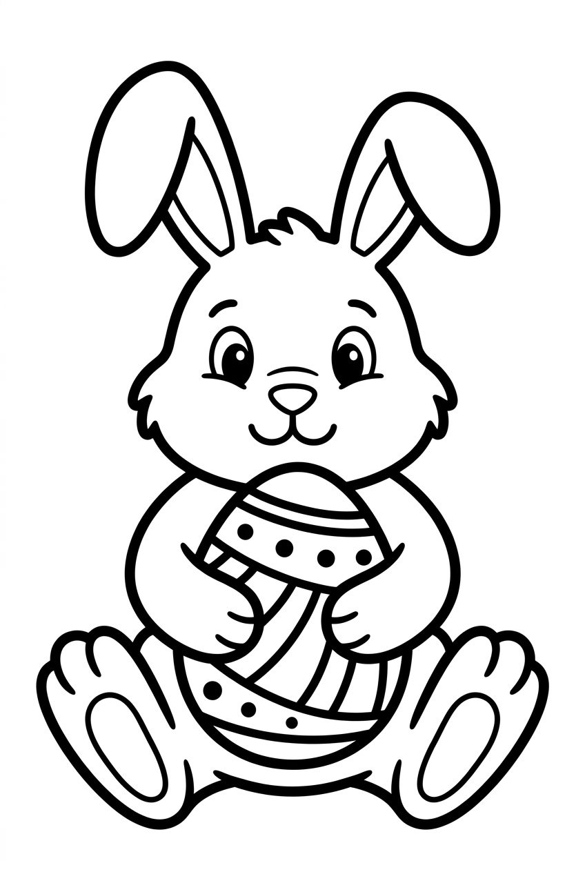 A sitting Easter Bunny holding a decorated Easter egg.