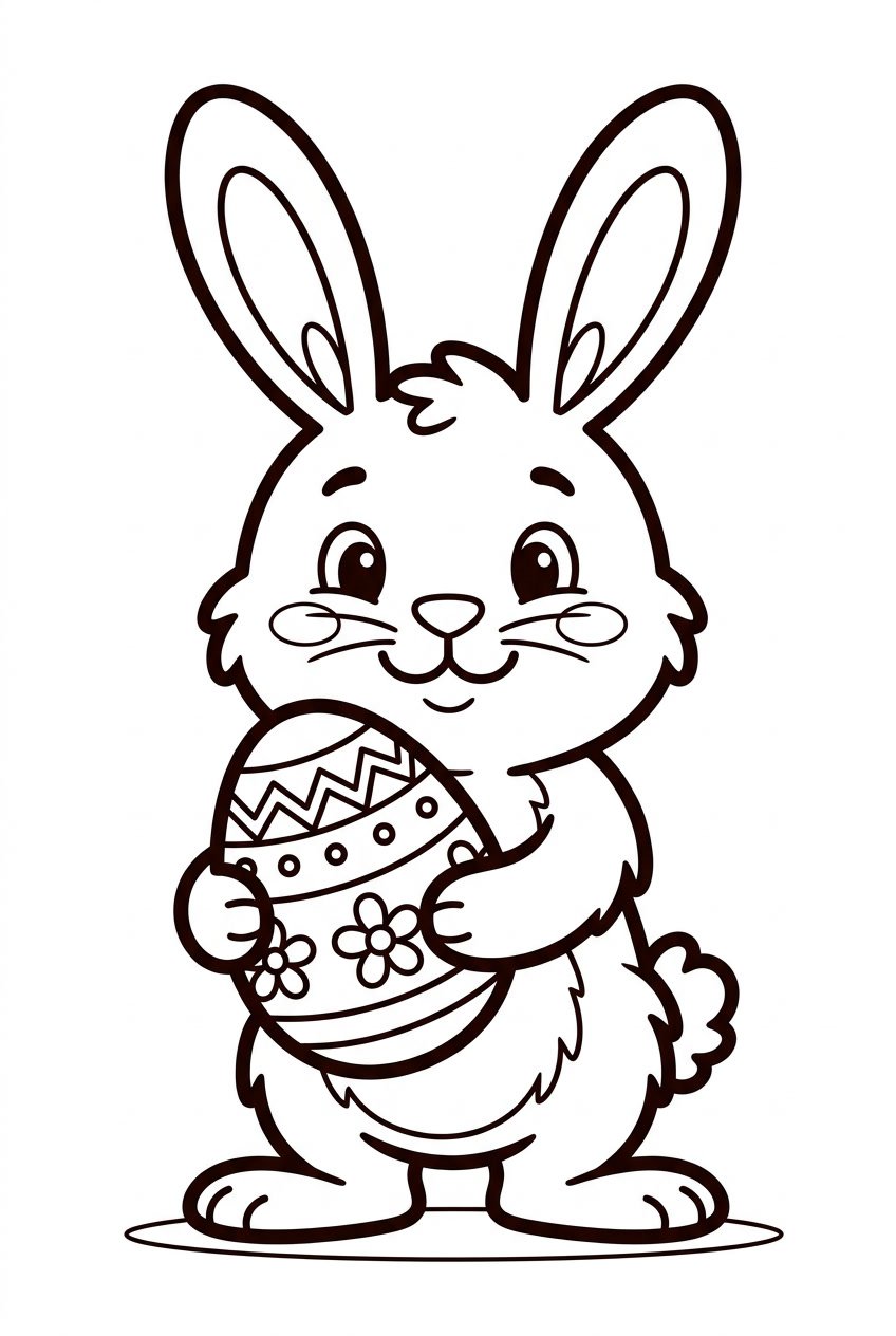 A happy Easter Bunny holding an Easter egg.