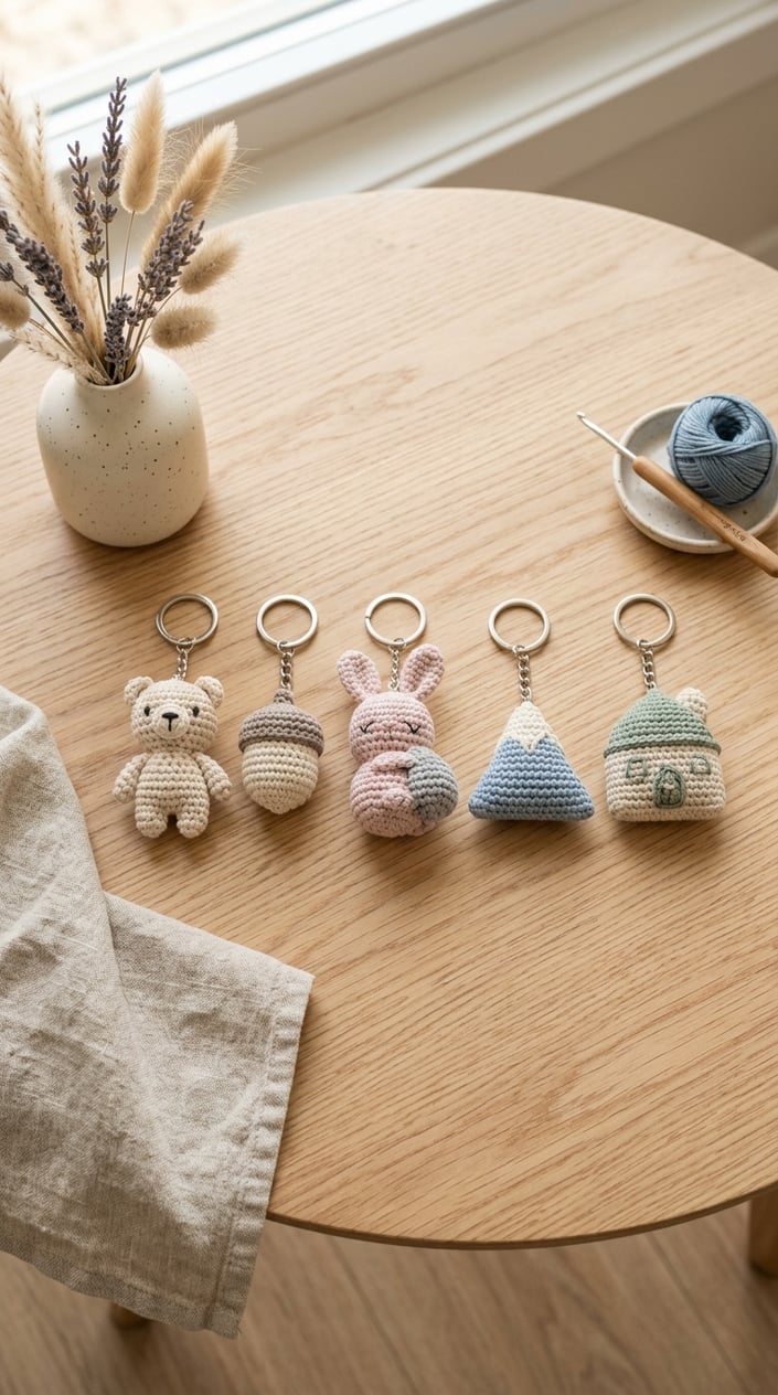 Top view of five handmade crochet keychains on a light wooden table with small decorative items in the background.