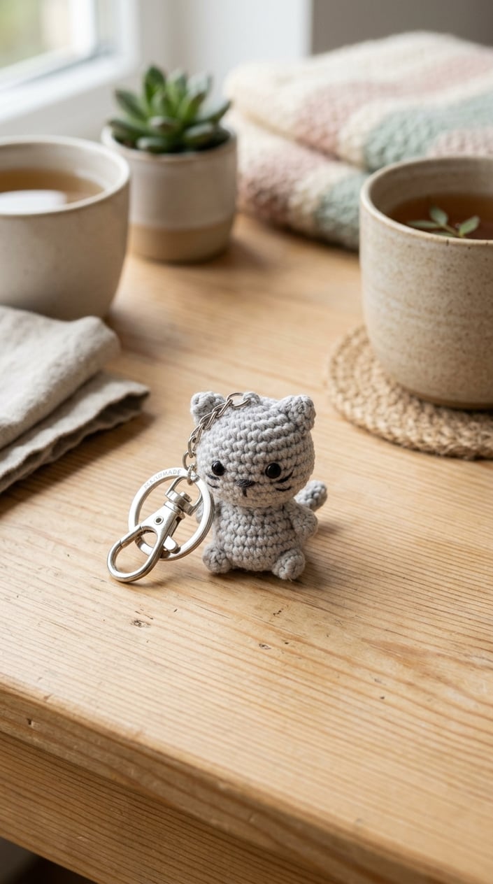 Top view of a handmade crochet cat keychain on a light wooden table with soft natural light and minimal home decor in the background.