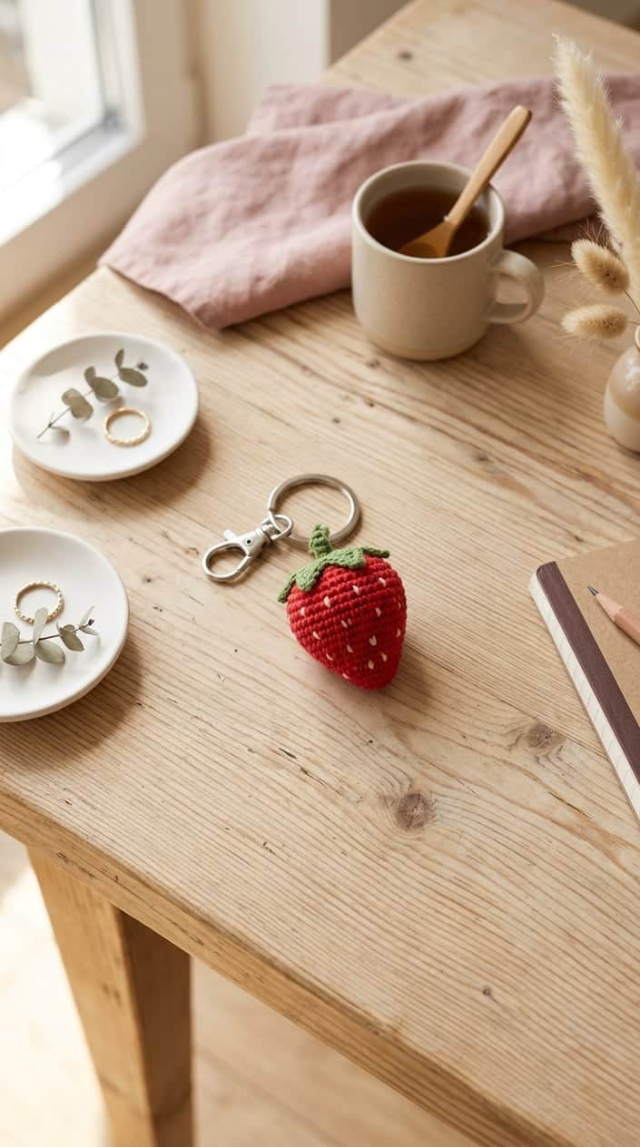 Top view of a handmade mini strawberry crochet keychain on a light wooden table with soft natural light and minimal home decor.