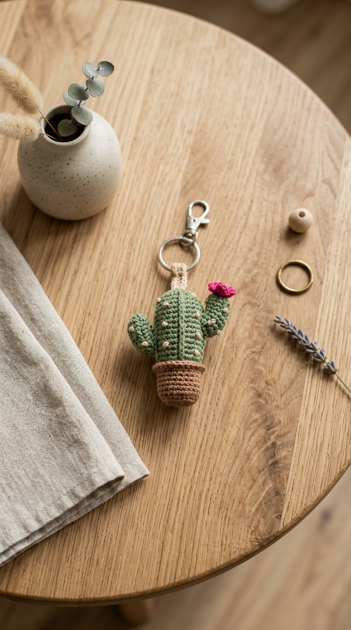Top view of a handmade crochet cactus keychain on a light wooden table with minimal home decor around it.