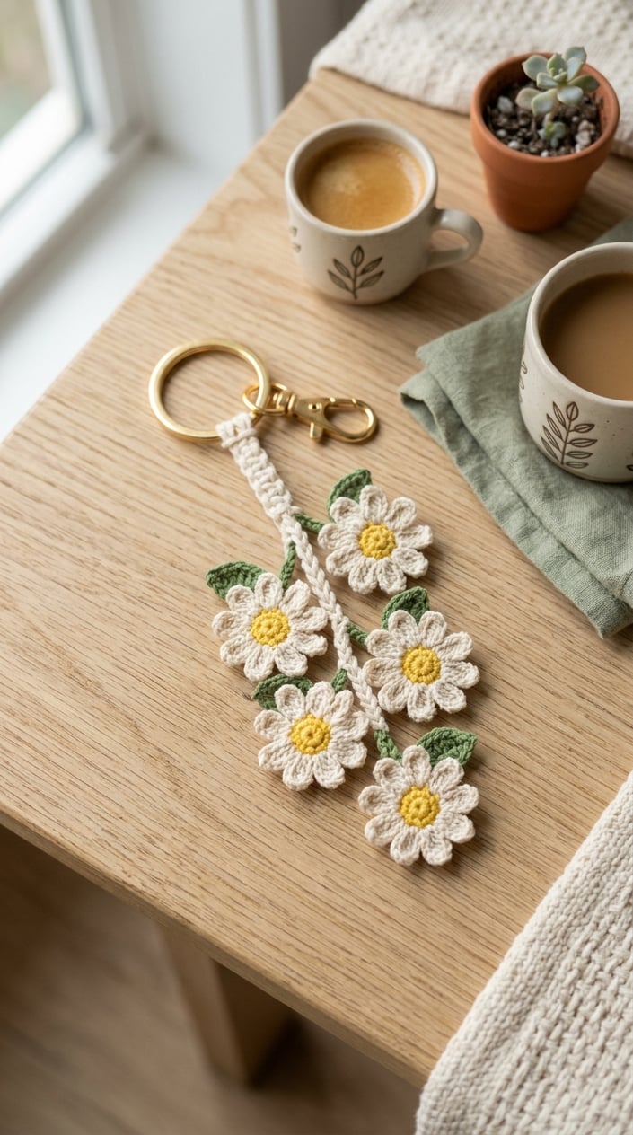 Top view of a handmade crochet keychain with tiny daisy motifs on a light wooden table surrounded by minimal pastel decor.